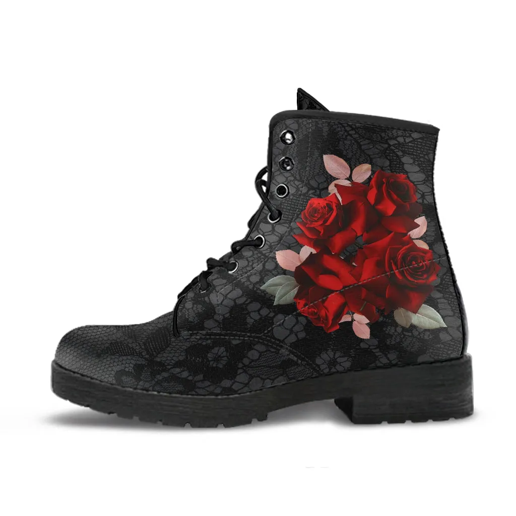 Combat Boots - Beautiful Red Roses #101 | Boho Shoes, Handmade Lace Up Boots, Vegan Leather Lace Up Boots Women