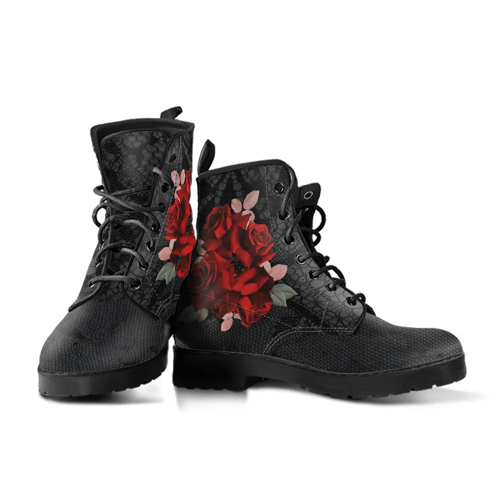 Combat Boots - Beautiful Red Roses #101 | Boho Shoes, Handmade Lace Up Boots, Vegan Leather Lace Up Boots Women