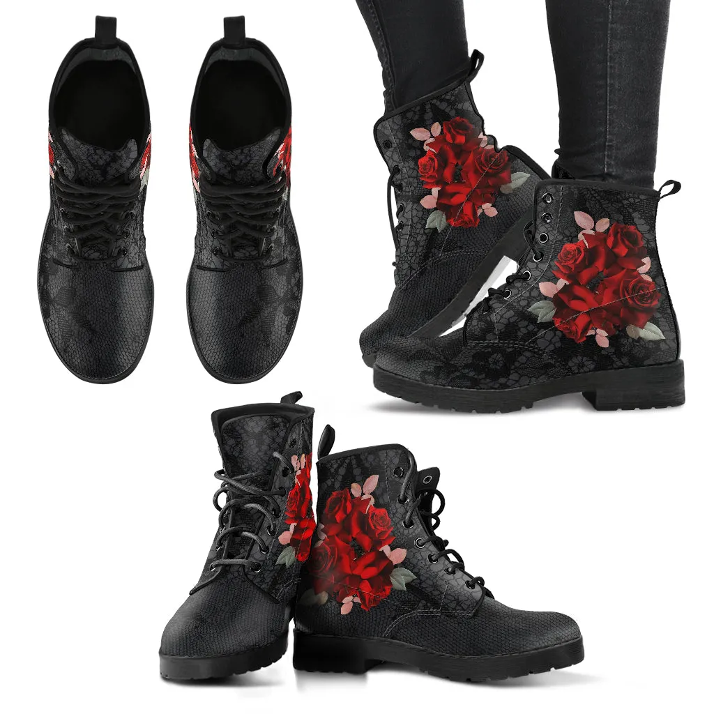 Combat Boots - Beautiful Red Roses #101 | Boho Shoes, Handmade Lace Up Boots, Vegan Leather Lace Up Boots Women