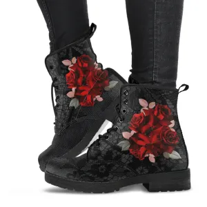 Combat Boots - Beautiful Red Roses #101 | Boho Shoes, Handmade Lace Up Boots, Vegan Leather Lace Up Boots Women