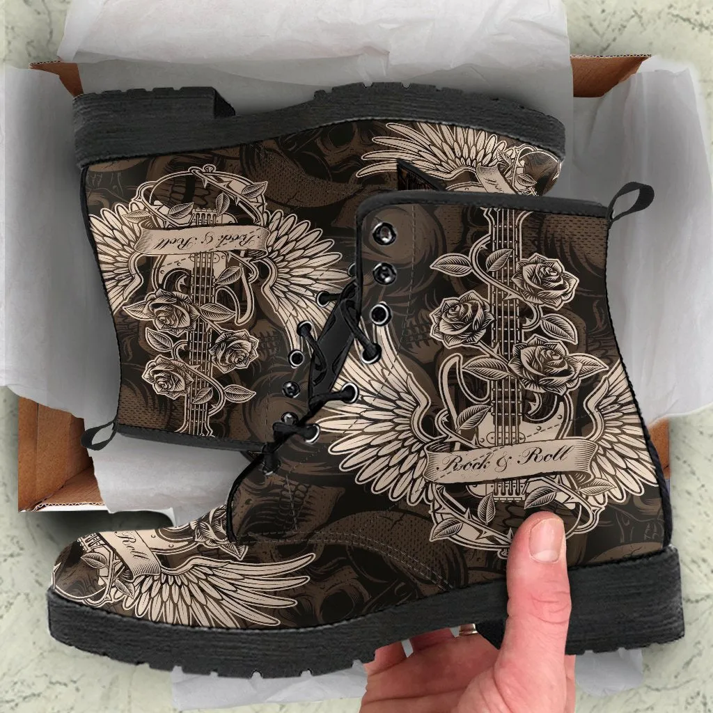 Combat Boots - Electric Guitar #22 Skull Background | Vegan Leather Lace Up Boots, Handmade Lace Up Boots, Women's Boots, Custom Shoes