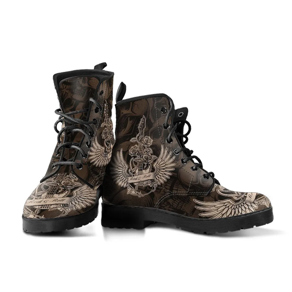 Combat Boots - Electric Guitar #22 Skull Background | Vegan Leather Lace Up Boots, Handmade Lace Up Boots, Women's Boots, Custom Shoes