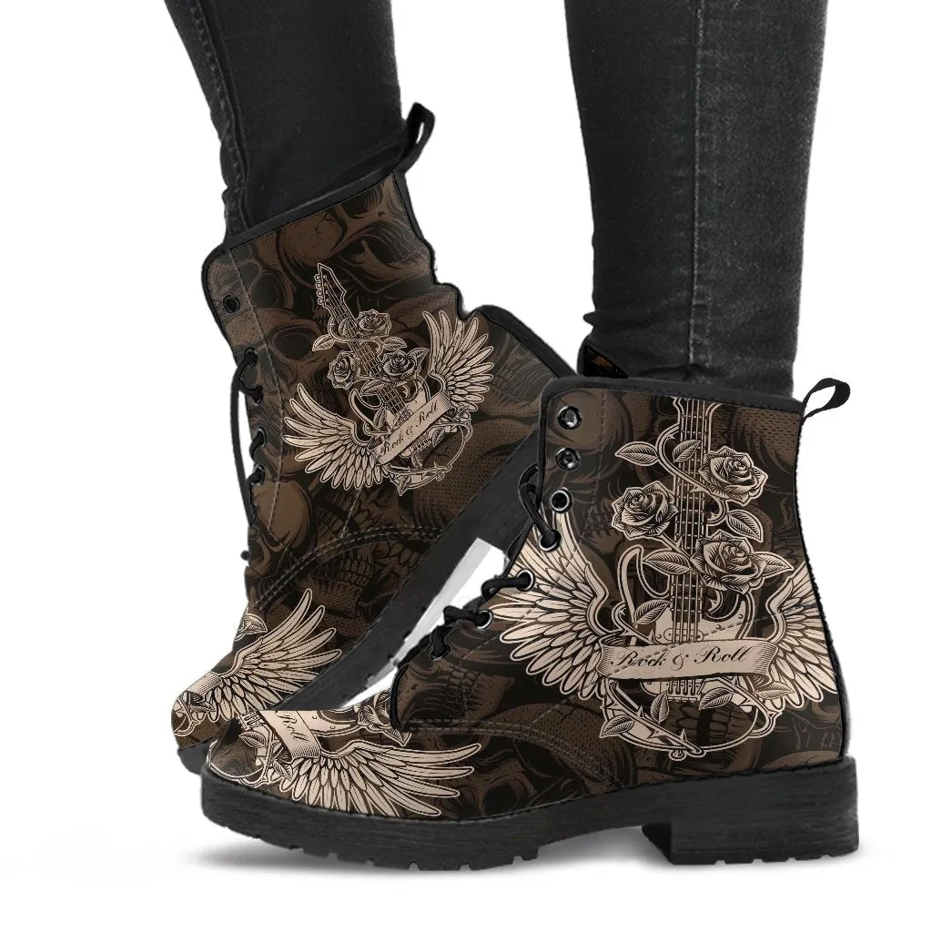 Combat Boots - Electric Guitar #22 Skull Background | Vegan Leather Lace Up Boots, Handmade Lace Up Boots, Women's Boots, Custom Shoes