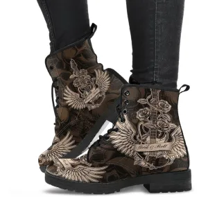 Combat Boots - Electric Guitar #22 Skull Background | Vegan Leather Lace Up Boots, Handmade Lace Up Boots, Women's Boots, Custom Shoes