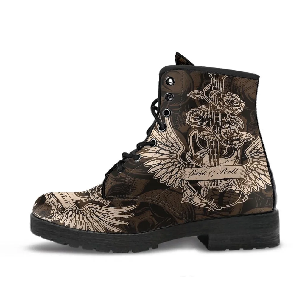 Combat Boots - Electric Guitar #22 Skull Background | Vegan Leather Lace Up Boots, Handmade Lace Up Boots, Women's Boots, Custom Shoes