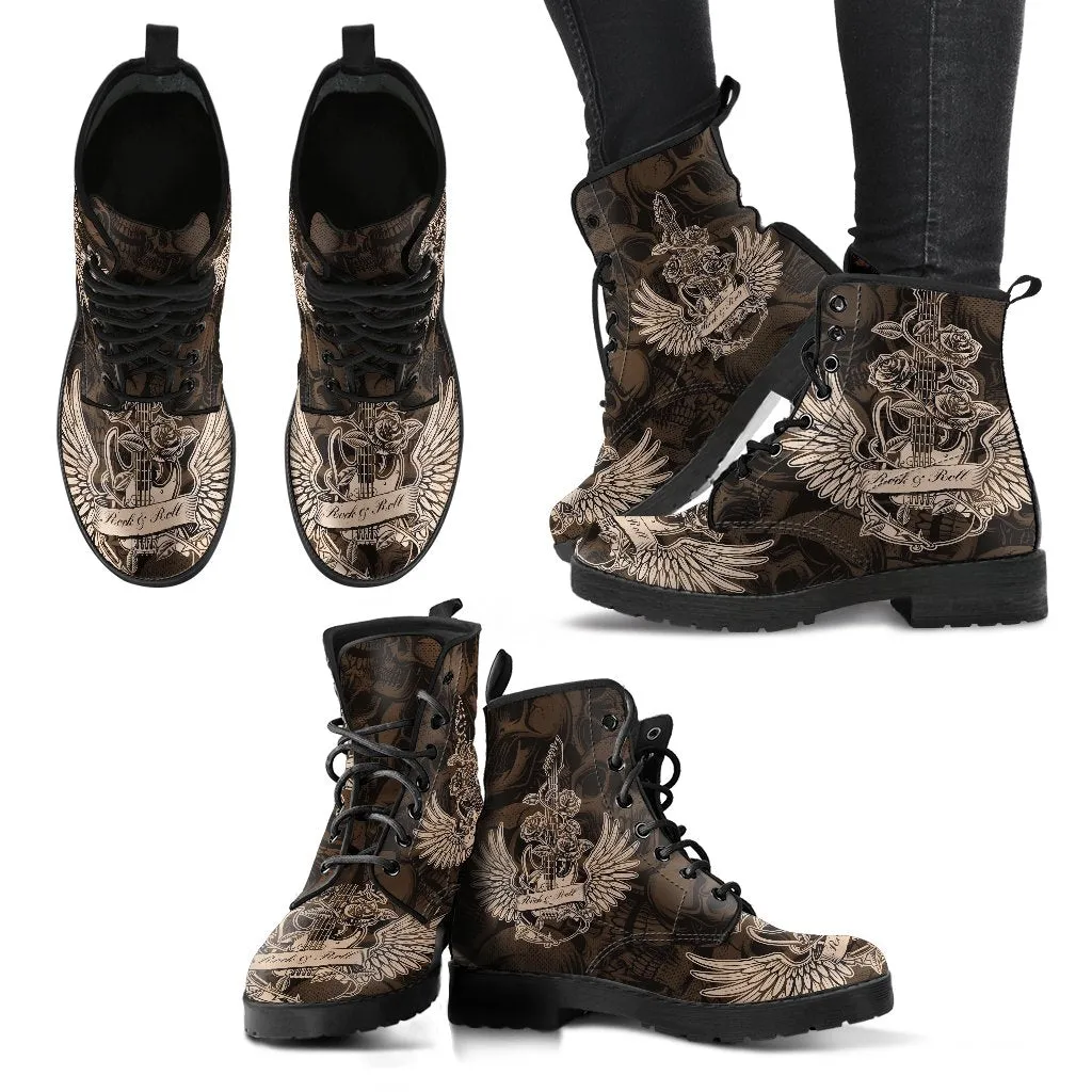 Combat Boots - Electric Guitar #22 Skull Background | Vegan Leather Lace Up Boots, Handmade Lace Up Boots, Women's Boots, Custom Shoes