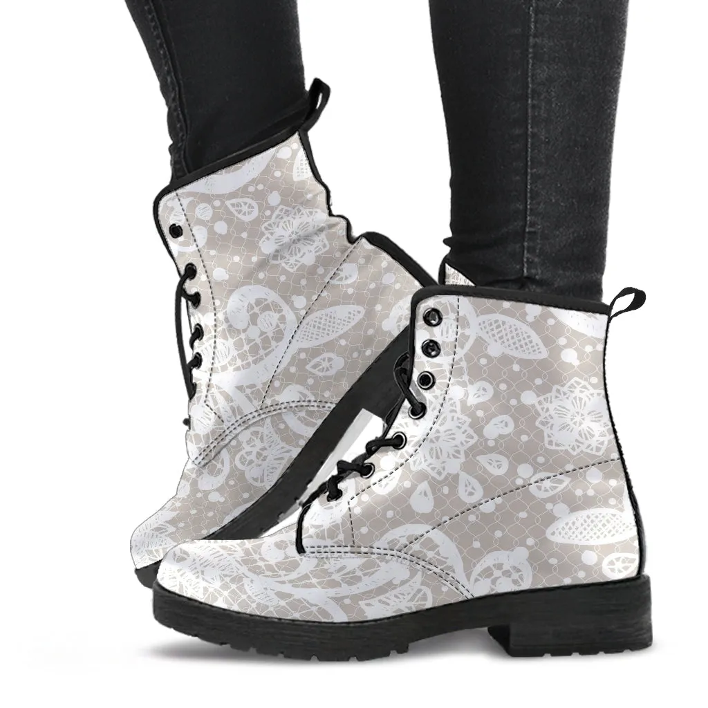 Combat Boots - White Lace Print #101 | Women's Boots, Custom Shoes, Aesthetic Shoes, Sorority Shoes, Vegan Leather, Vegan Shoes, 90s Boots