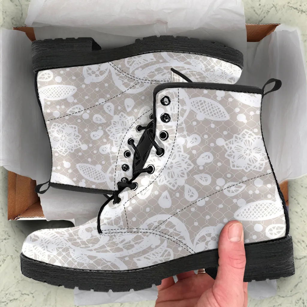 Combat Boots - White Lace Print #101 | Women's Boots, Custom Shoes, Aesthetic Shoes, Sorority Shoes, Vegan Leather, Vegan Shoes, 90s Boots