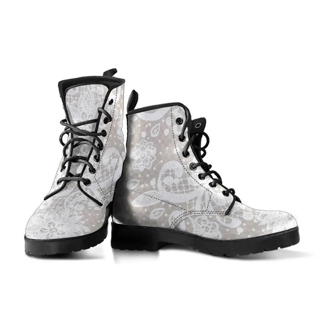Combat Boots - White Lace Print #101 | Women's Boots, Custom Shoes, Aesthetic Shoes, Sorority Shoes, Vegan Leather, Vegan Shoes, 90s Boots