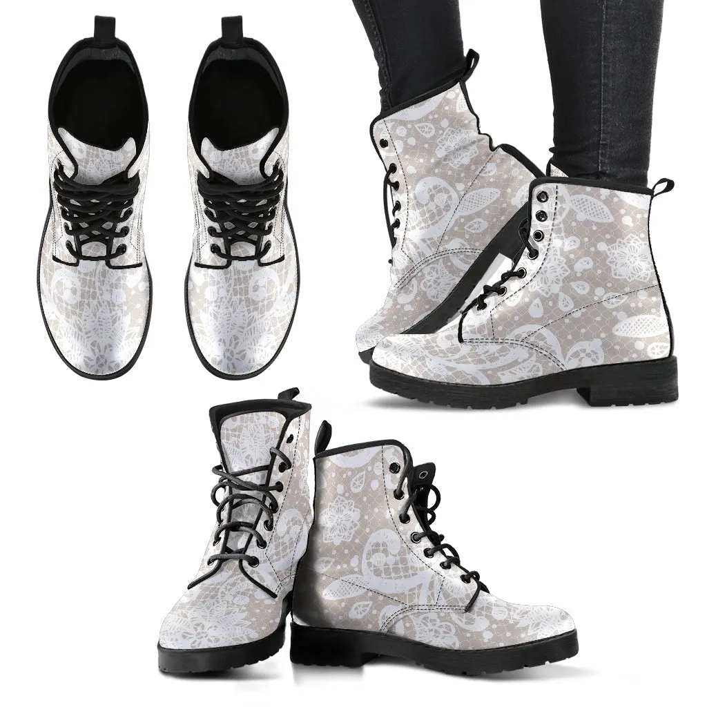 Combat Boots - White Lace Print #101 | Women's Boots, Custom Shoes, Aesthetic Shoes, Sorority Shoes, Vegan Leather, Vegan Shoes, 90s Boots