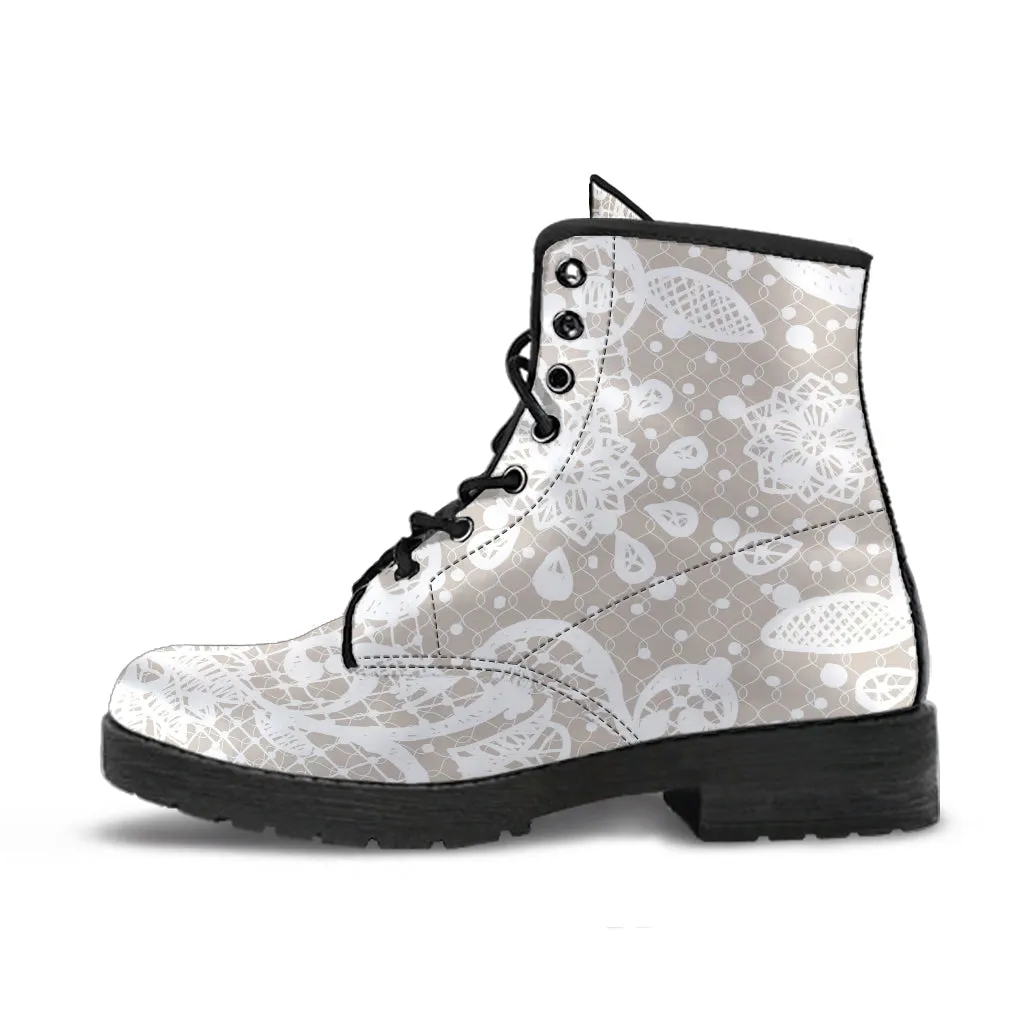 Combat Boots - White Lace Print #101 | Women's Boots, Custom Shoes, Aesthetic Shoes, Sorority Shoes, Vegan Leather, Vegan Shoes, 90s Boots