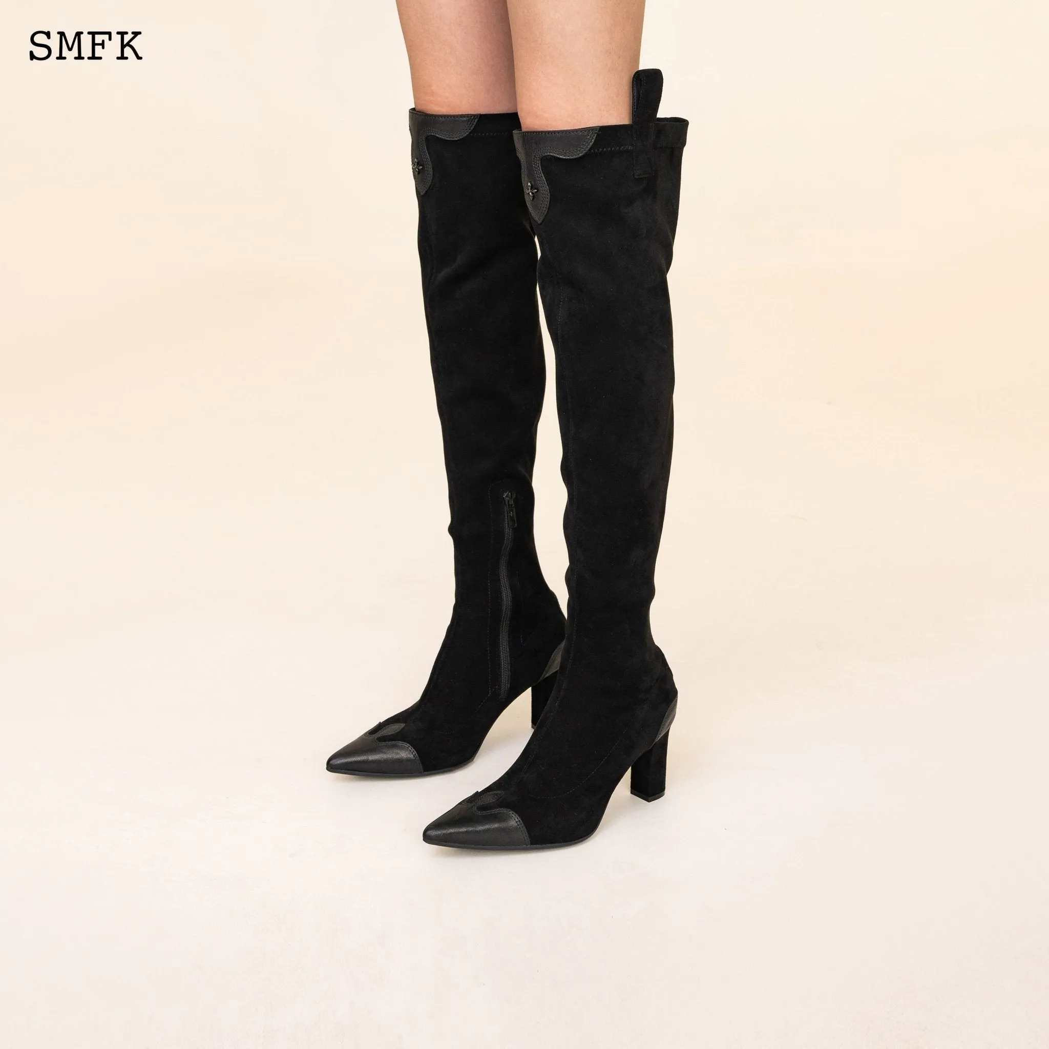 Compass Cross Black Velvet over-the-knee Boots