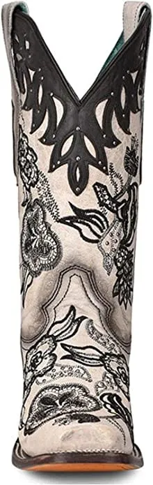 Corral Women's Floral Embroidered White & Brown Square Toe Western Boots - A4163