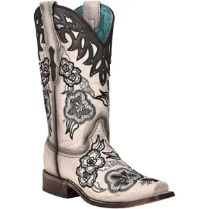 Corral Women's Floral Embroidered White & Brown Square Toe Western Boots - A4163