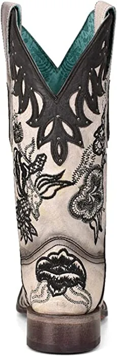 Corral Women's Floral Embroidered White & Brown Square Toe Western Boots - A4163