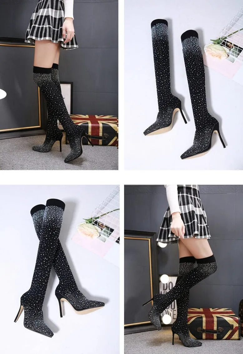 Crystal Stretch Over-the-Knee Heel Boots