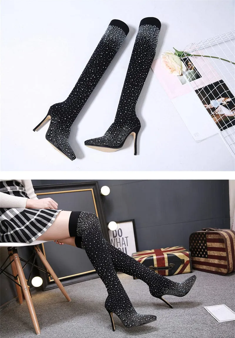 Crystal Stretch Over-the-Knee Heel Boots