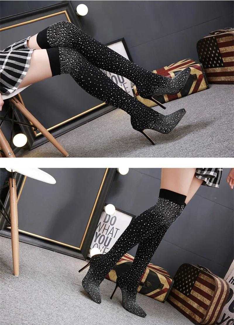 Crystal Stretch Over-the-Knee Heel Boots