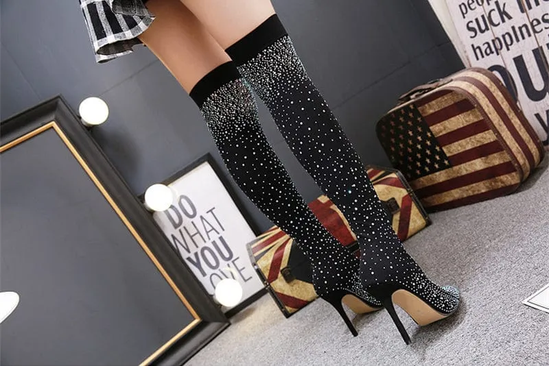 Crystal Stretch Over-the-Knee Heel Boots