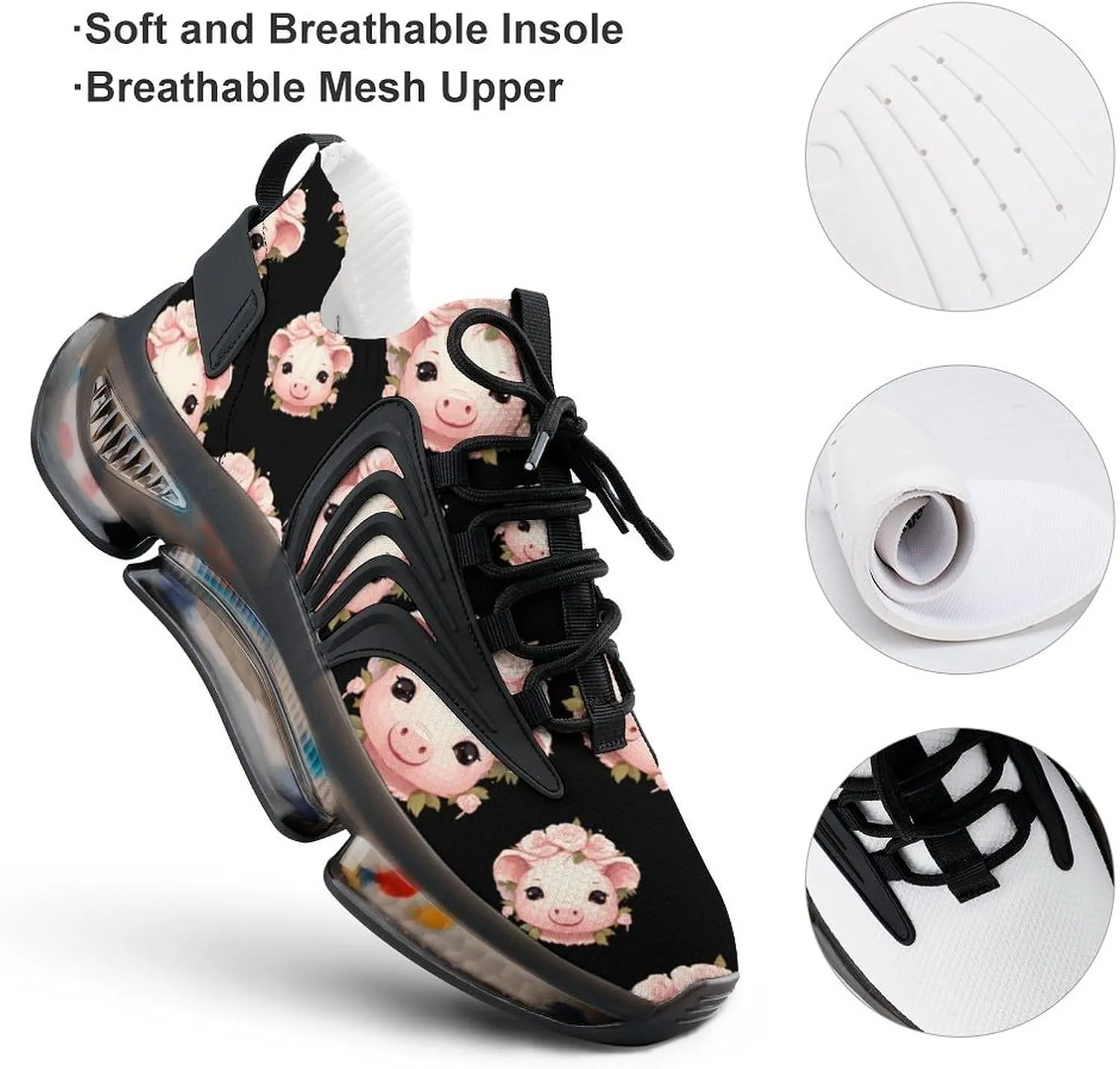 Cute Cartoon Piggy Print Mens Sneakers Running Shoes Lightweight Athletic Shoes for Jogging Walking Gym