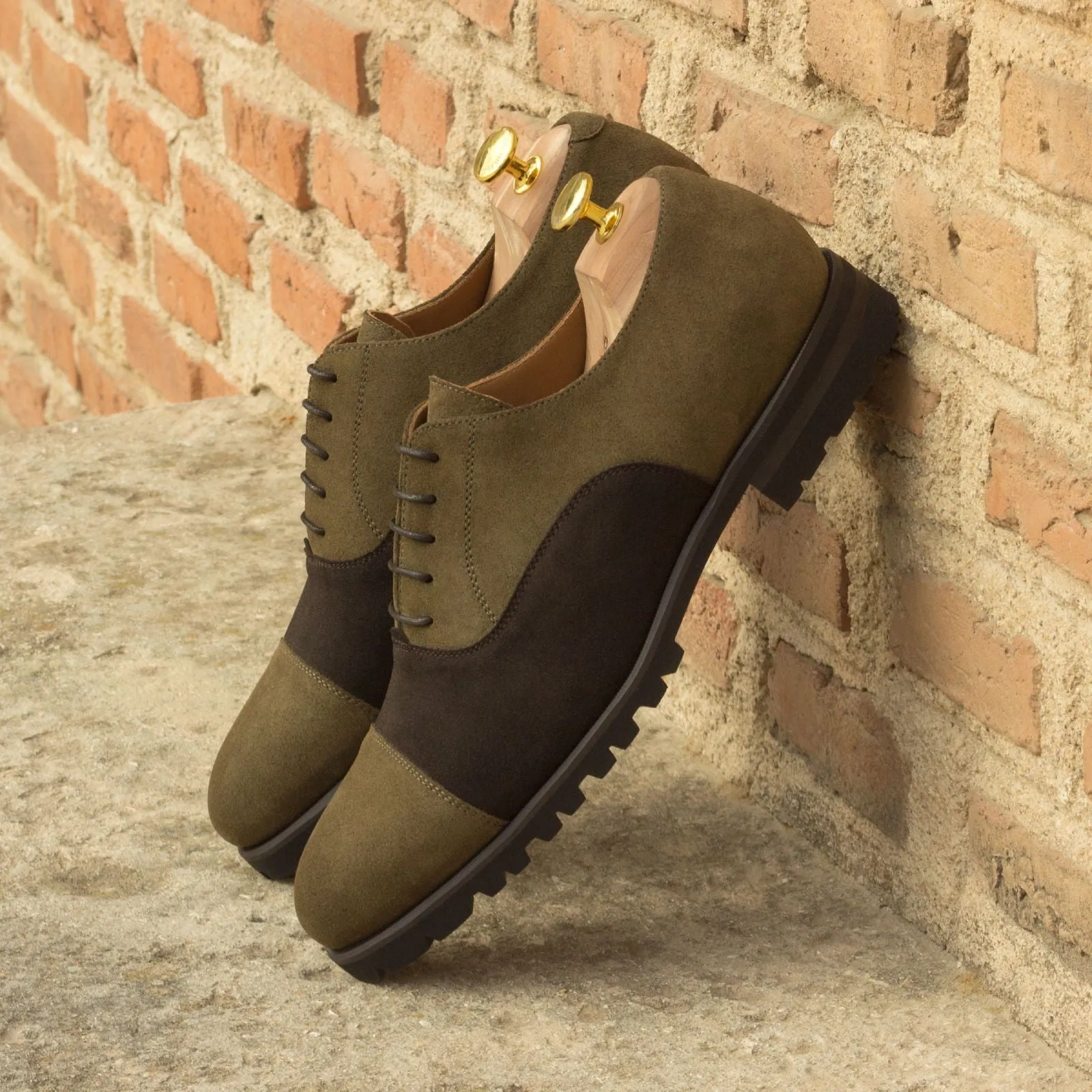 DapperFam Rafael in Khaki / Dark Brown Men's Lux Suede Oxford