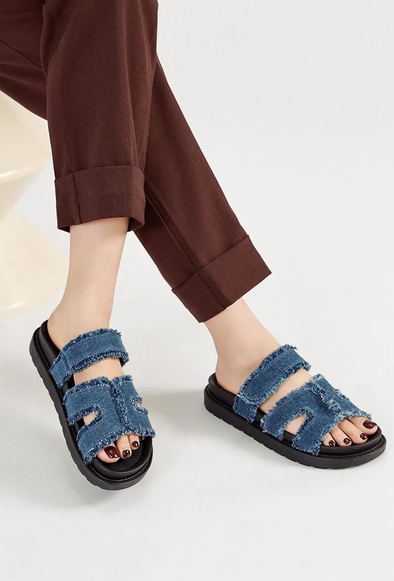 DARK BLUE GLADIATOR STRAP FLAT SLIDER SANDALS MULES