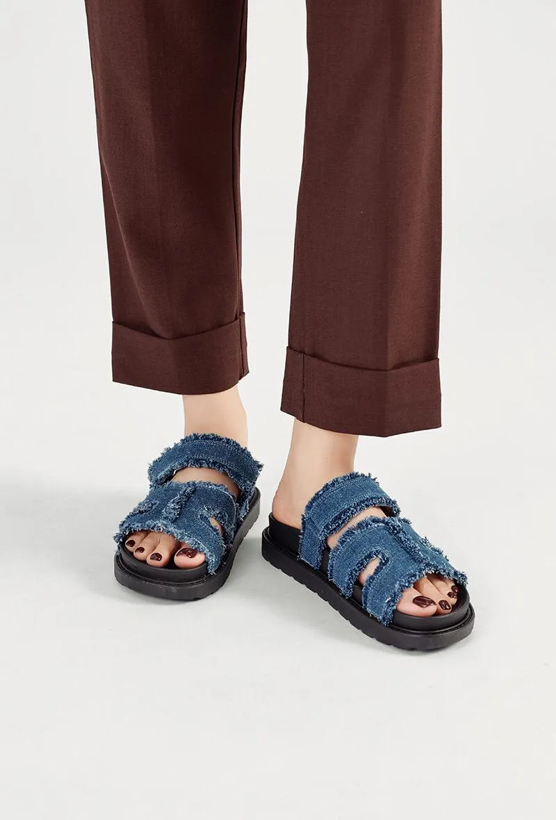 DARK BLUE GLADIATOR STRAP FLAT SLIDER SANDALS MULES