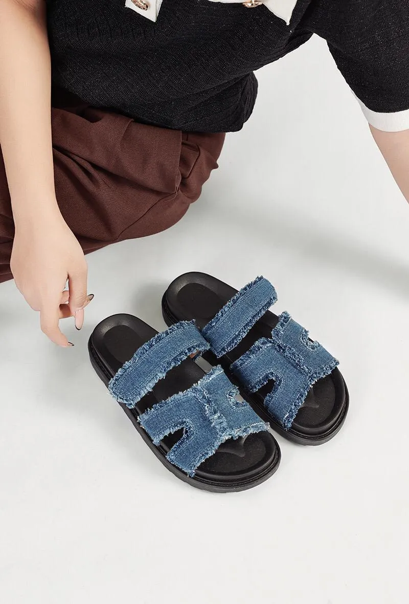 DARK BLUE GLADIATOR STRAP FLAT SLIDER SANDALS MULES