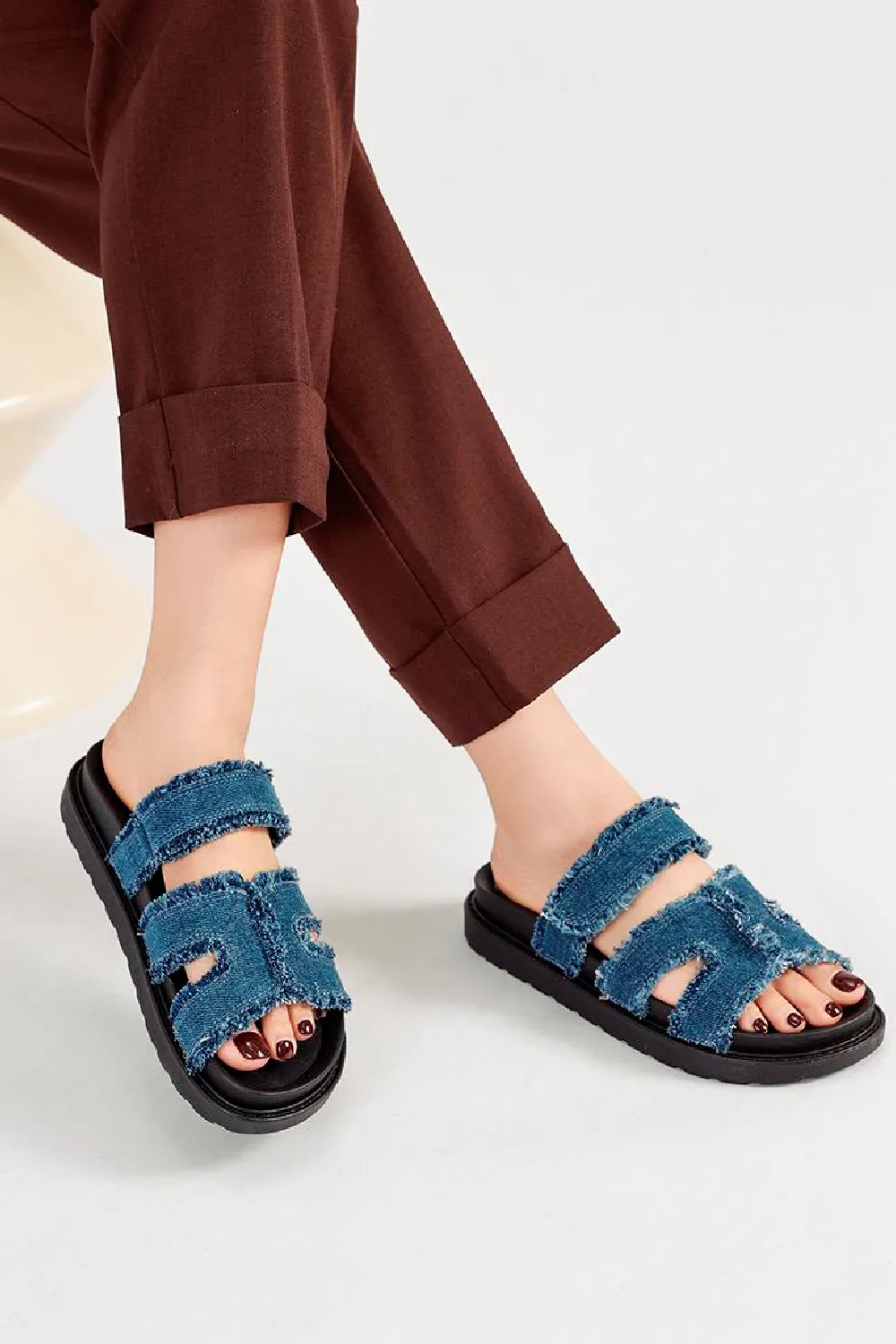 DARK BLUE GLADIATOR STRAP FLAT SLIDER SANDALS MULES