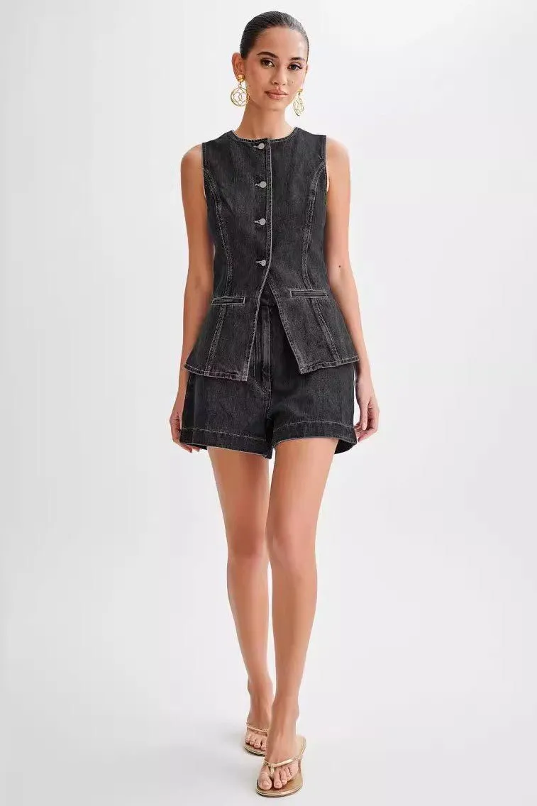 Denim Vest and Shorts Matching Set