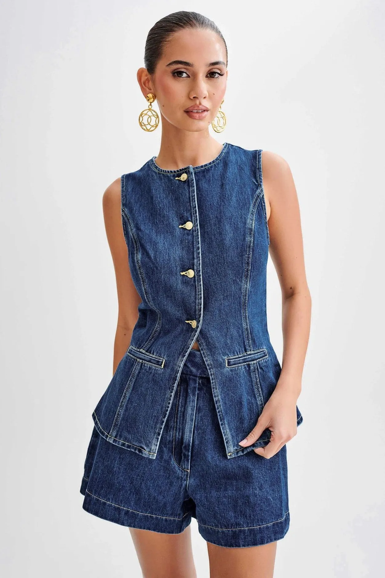 Denim Vest and Shorts Matching Set