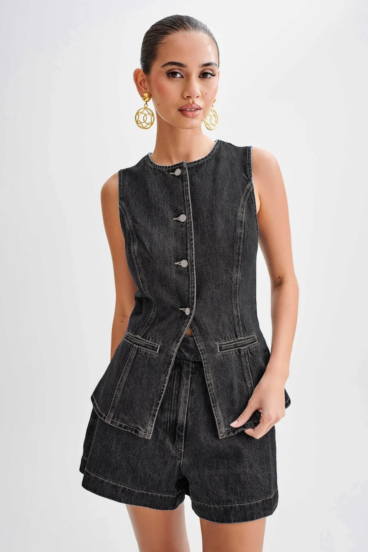 Denim Vest and Shorts Matching Set