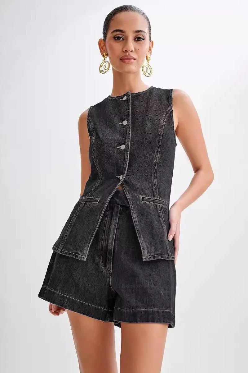 Denim Vest and Shorts Matching Set