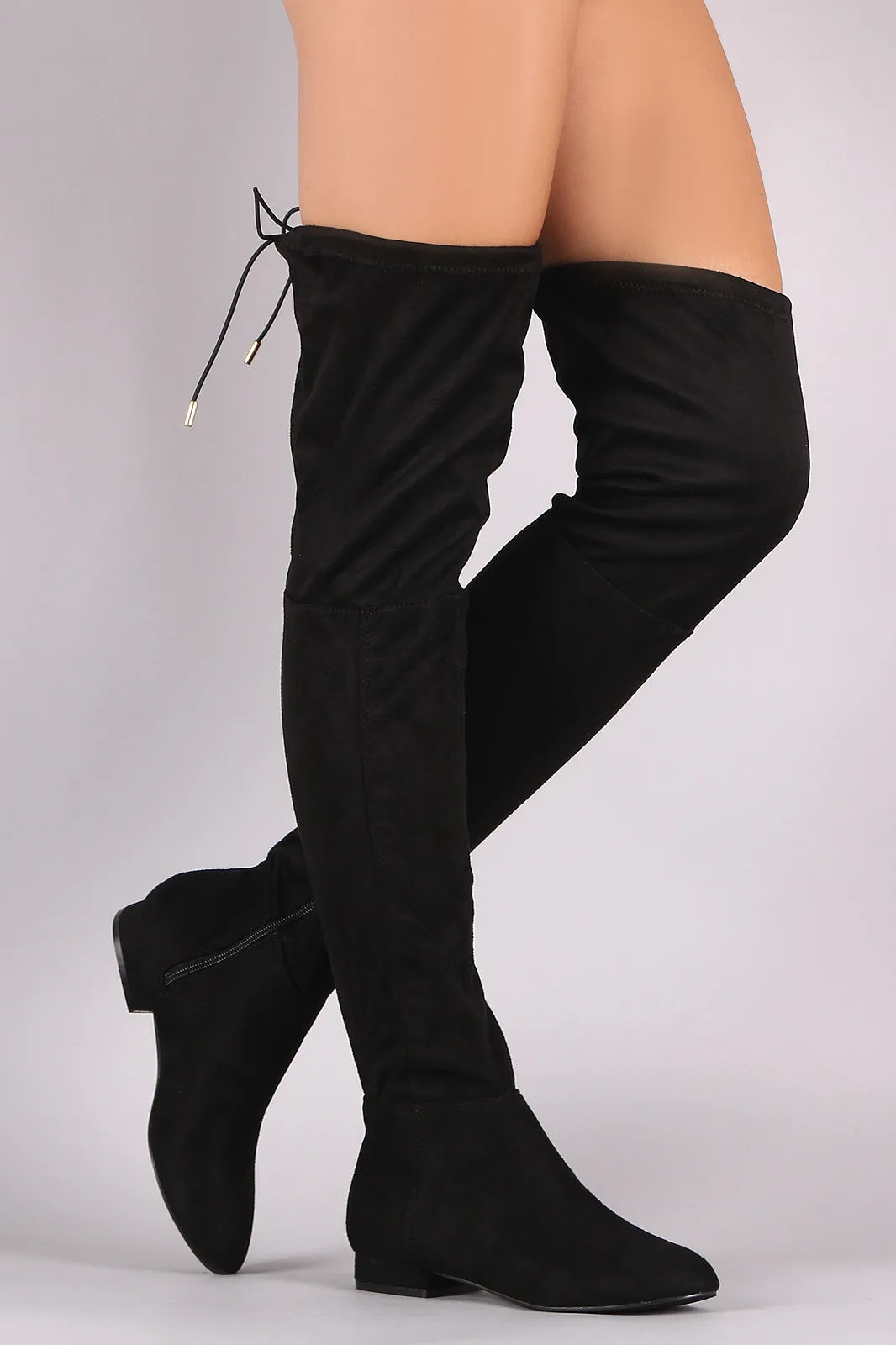 Drawstring-Tie Over-The-Knee Riding Suede Boots