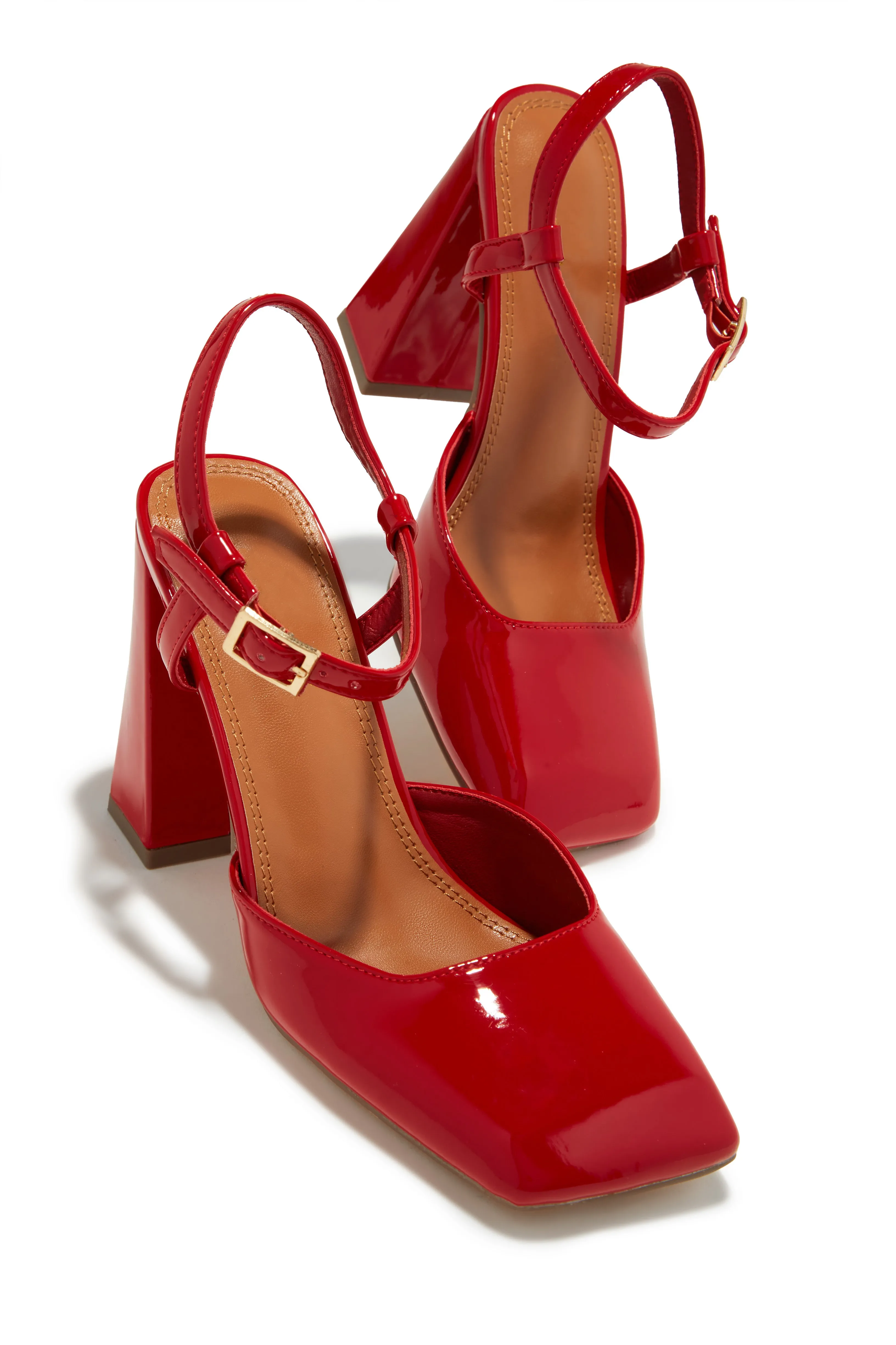 Elle Square Toe Block Heels - Red