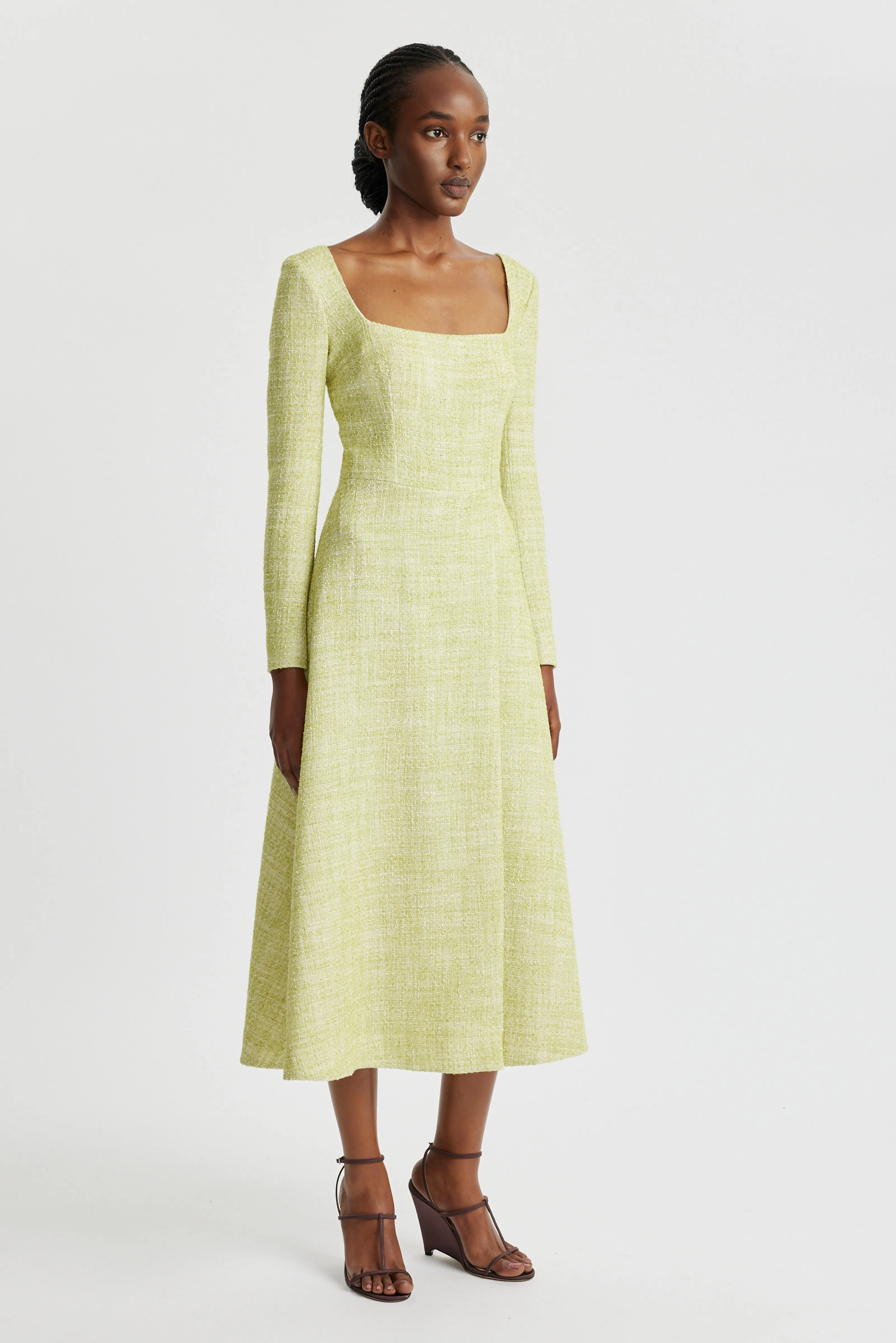 Fara Dress In Apple Green Cotton Tweed