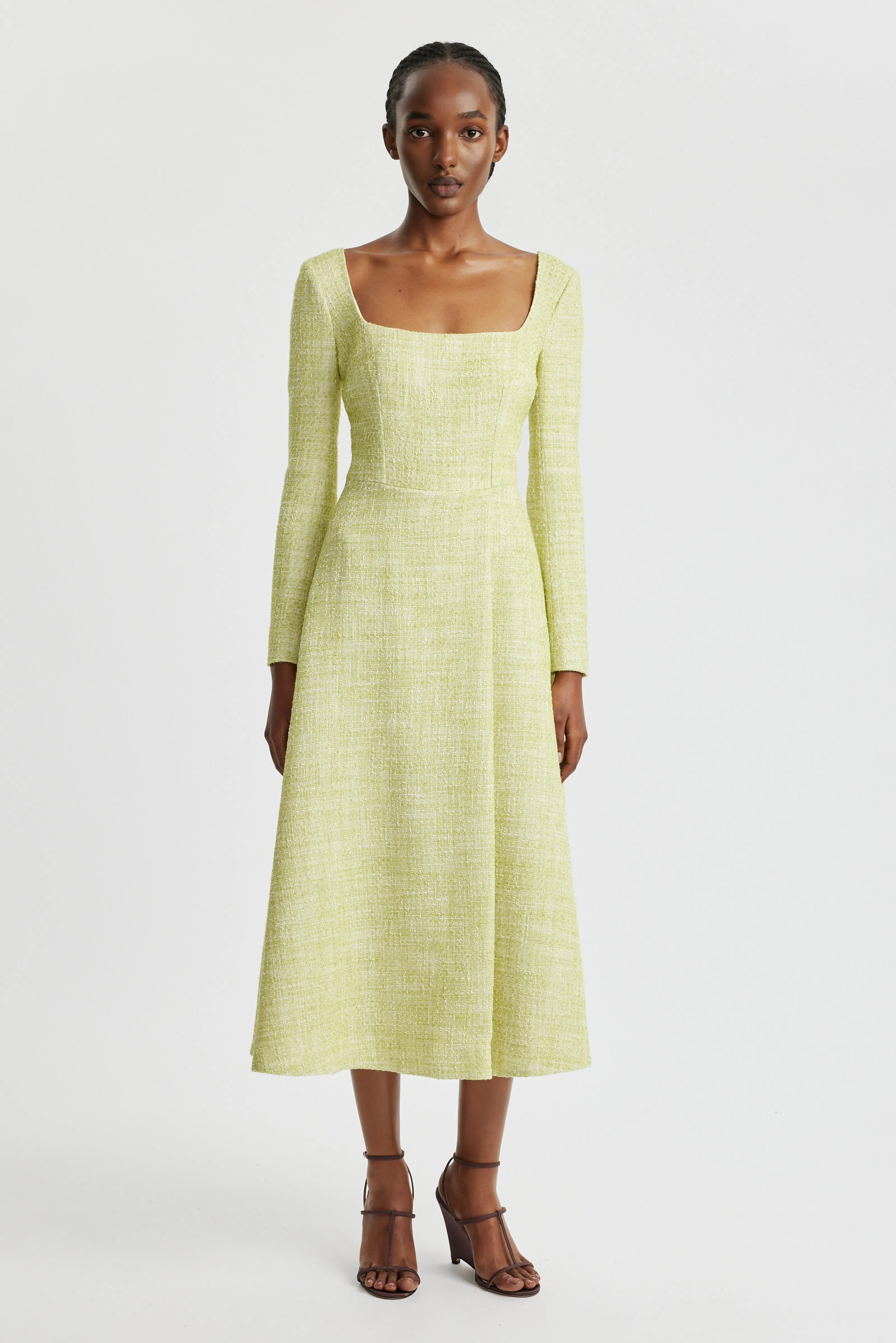 Fara Dress In Apple Green Cotton Tweed