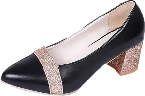Fashion Autumn Women Casual Shoes Thick Heel Medium Heel Pointed Toe Colorblock Sequins Wide Womens Casual Shoes (Black, 7)
