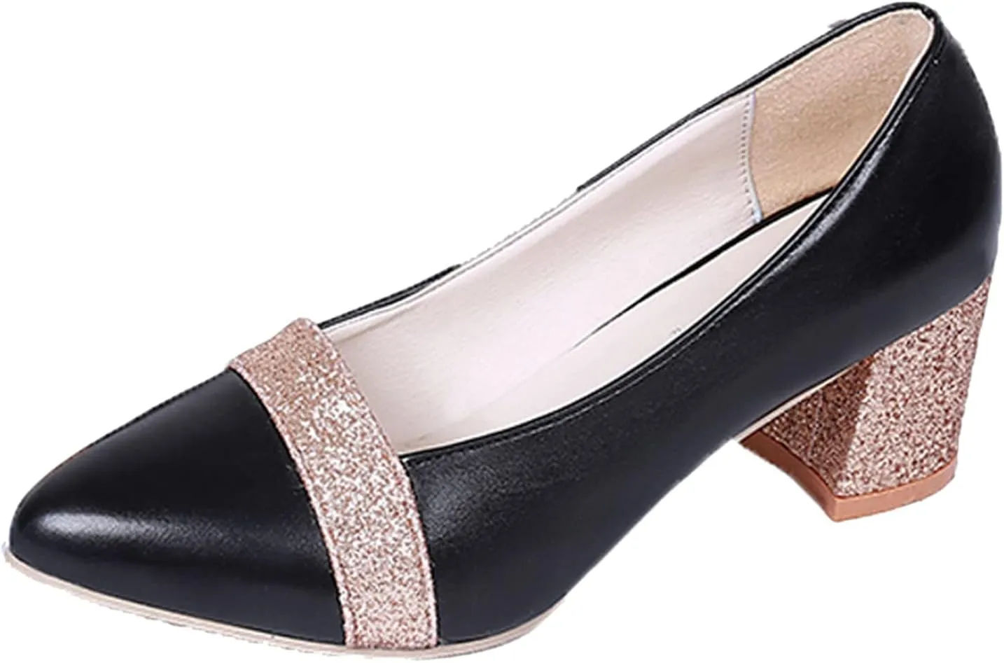 Fashion Autumn Women Casual Shoes Thick Heel Medium Heel Pointed Toe Colorblock Sequins Wide Womens Casual Shoes (Black, 7)