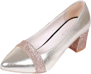 Fashion Autumn Women Casual Shoes Thick Heel Medium Heel Pointed Toe Colorblock Sequins Wide Womens Casual Shoes (Gold, 8.5)