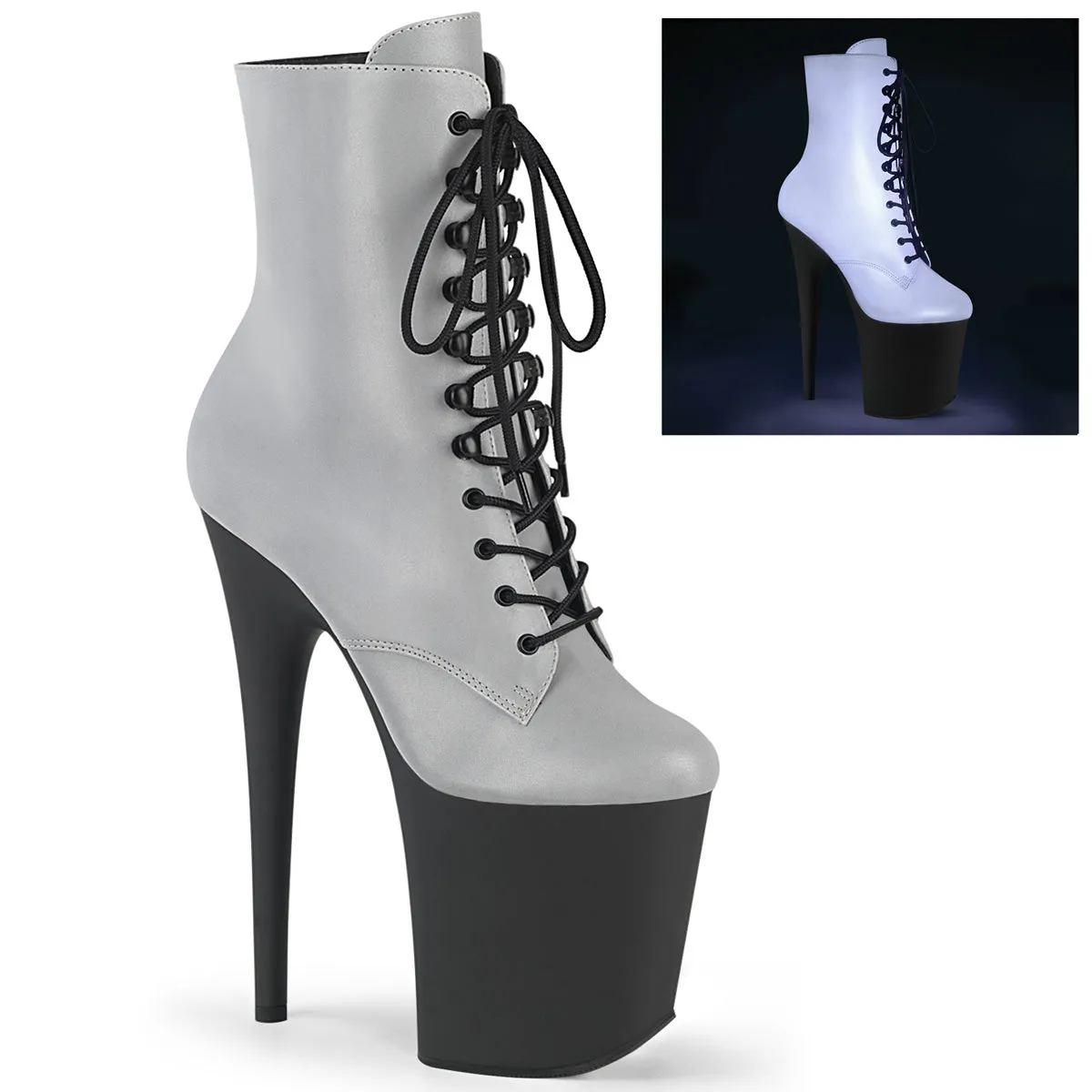 Flamingo 1020REFL Black Platform Reflective Upper- 8" High Heel Ankle Boots Direct