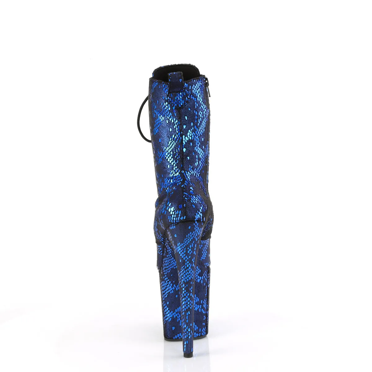 FLAMINGO-1040SPF Pleaser 8 Inch Heel Blue Metallic Snake Print Ankle Boots