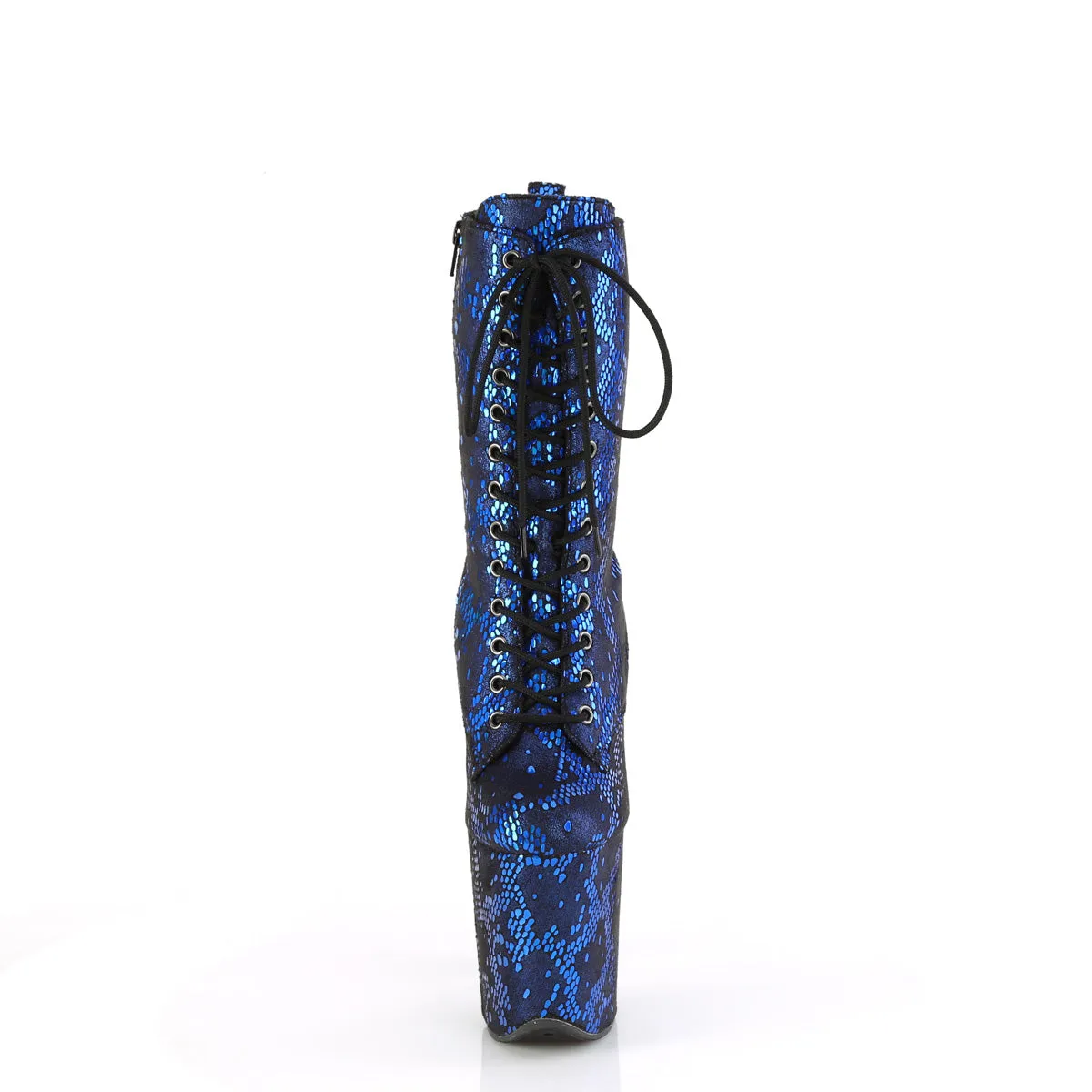 FLAMINGO-1040SPF Pleaser 8 Inch Heel Blue Metallic Snake Print Ankle Boots