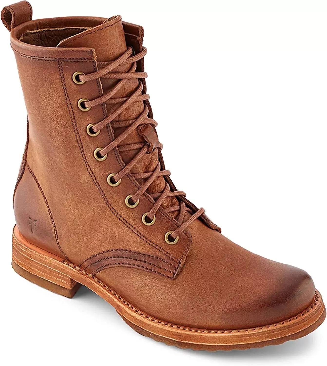 FRYE VERONICA COMBAT LEATHER BOOTS IN CARAMEL