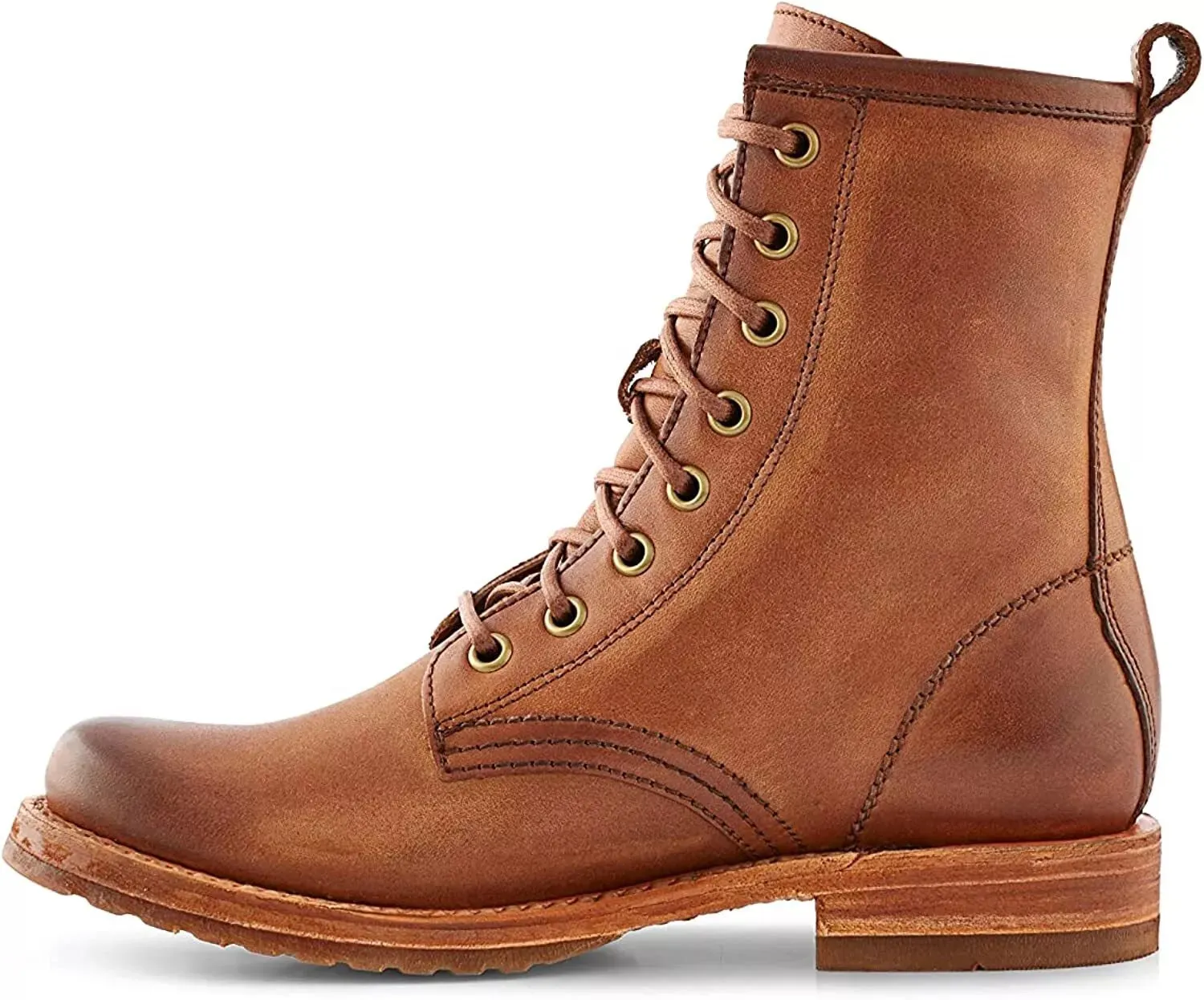 FRYE VERONICA COMBAT LEATHER BOOTS IN CARAMEL