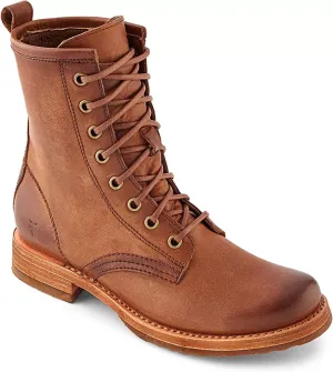 FRYE VERONICA COMBAT LEATHER BOOTS IN CARAMEL