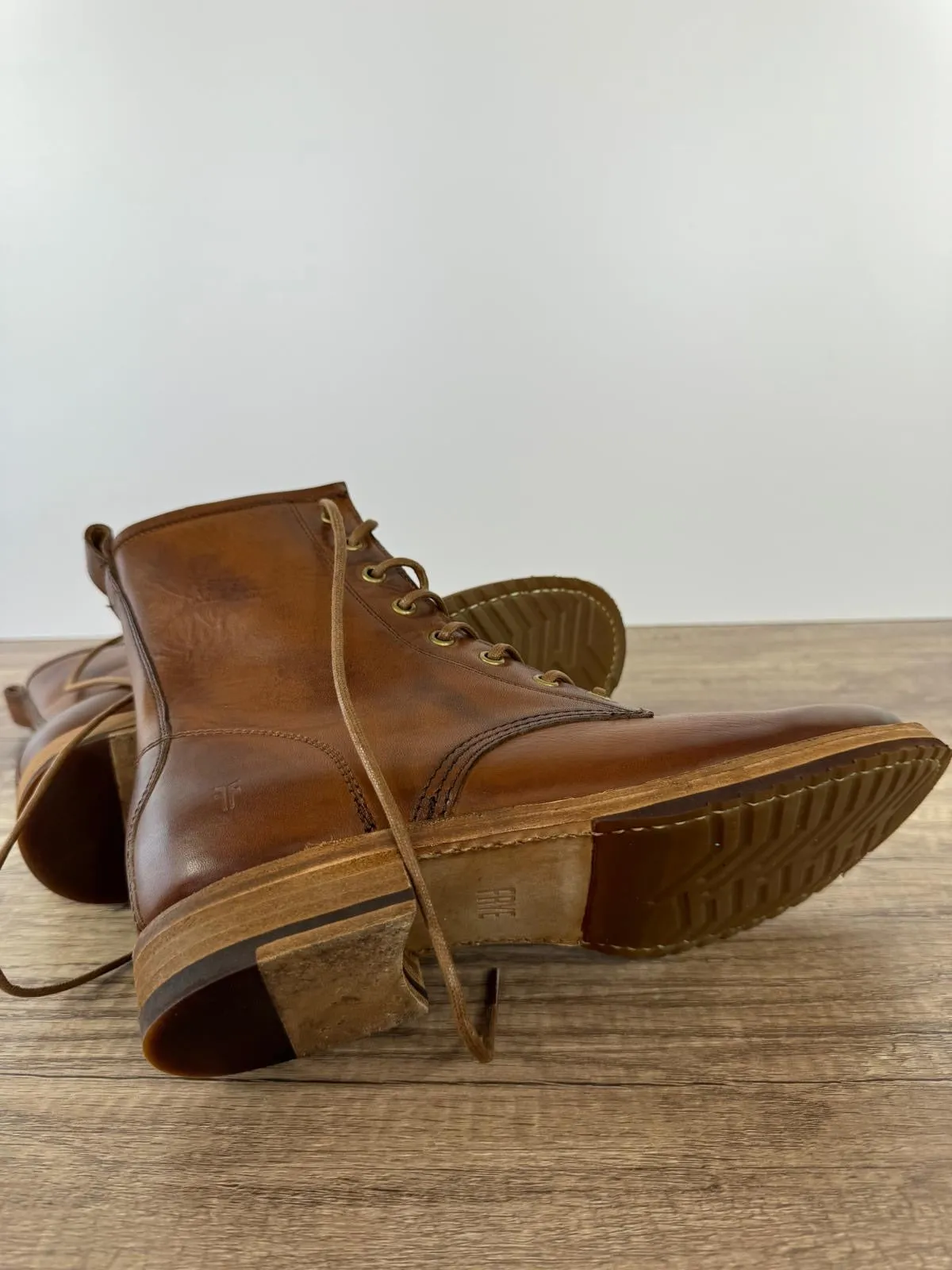FRYE VERONICA COMBAT LEATHER BOOTS IN CARAMEL