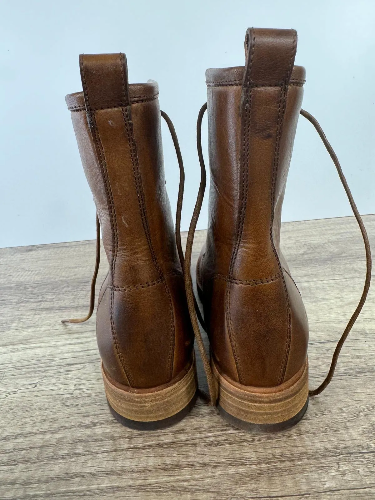 FRYE VERONICA COMBAT LEATHER BOOTS IN CARAMEL