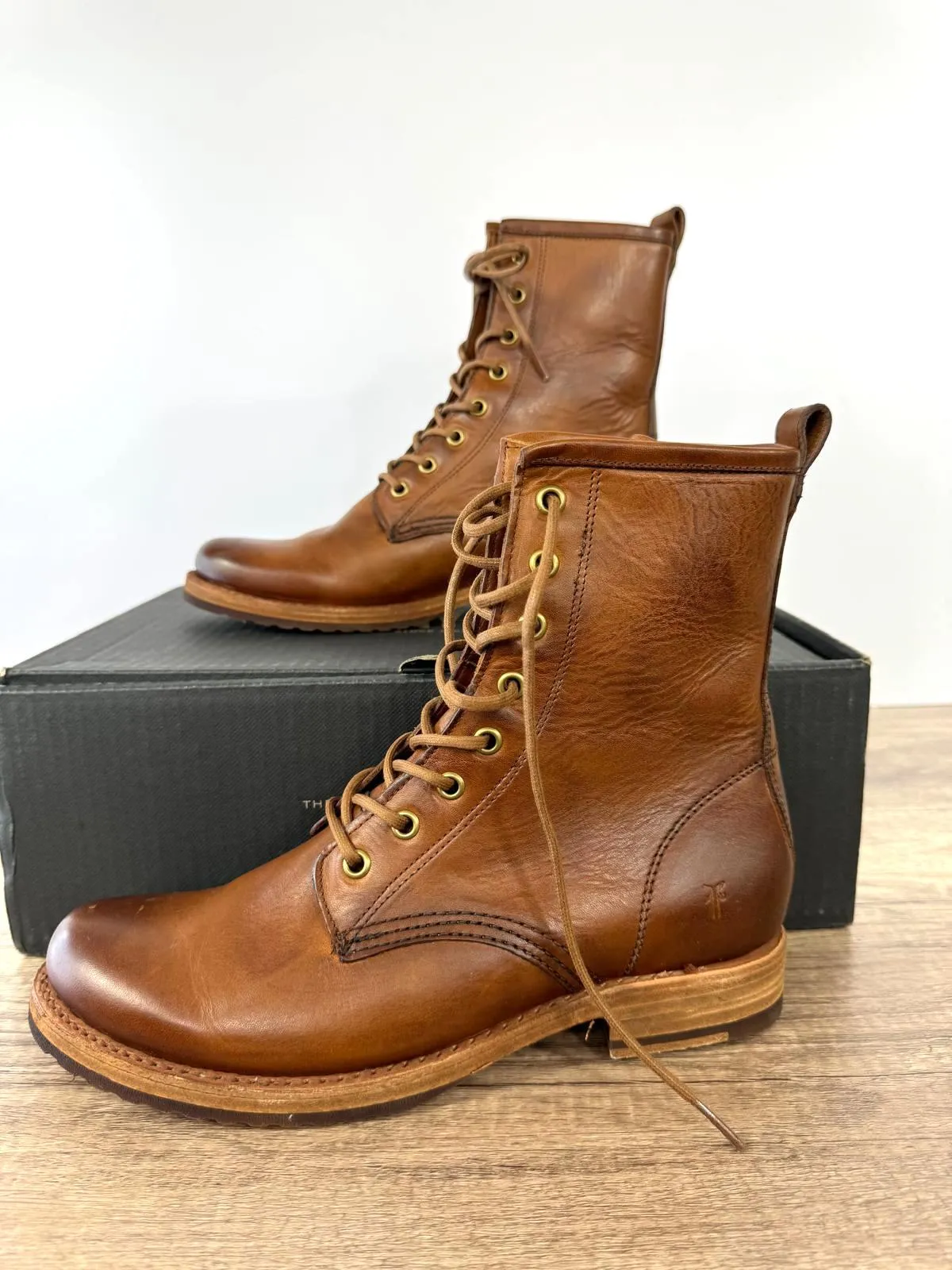 FRYE VERONICA COMBAT LEATHER BOOTS IN CARAMEL