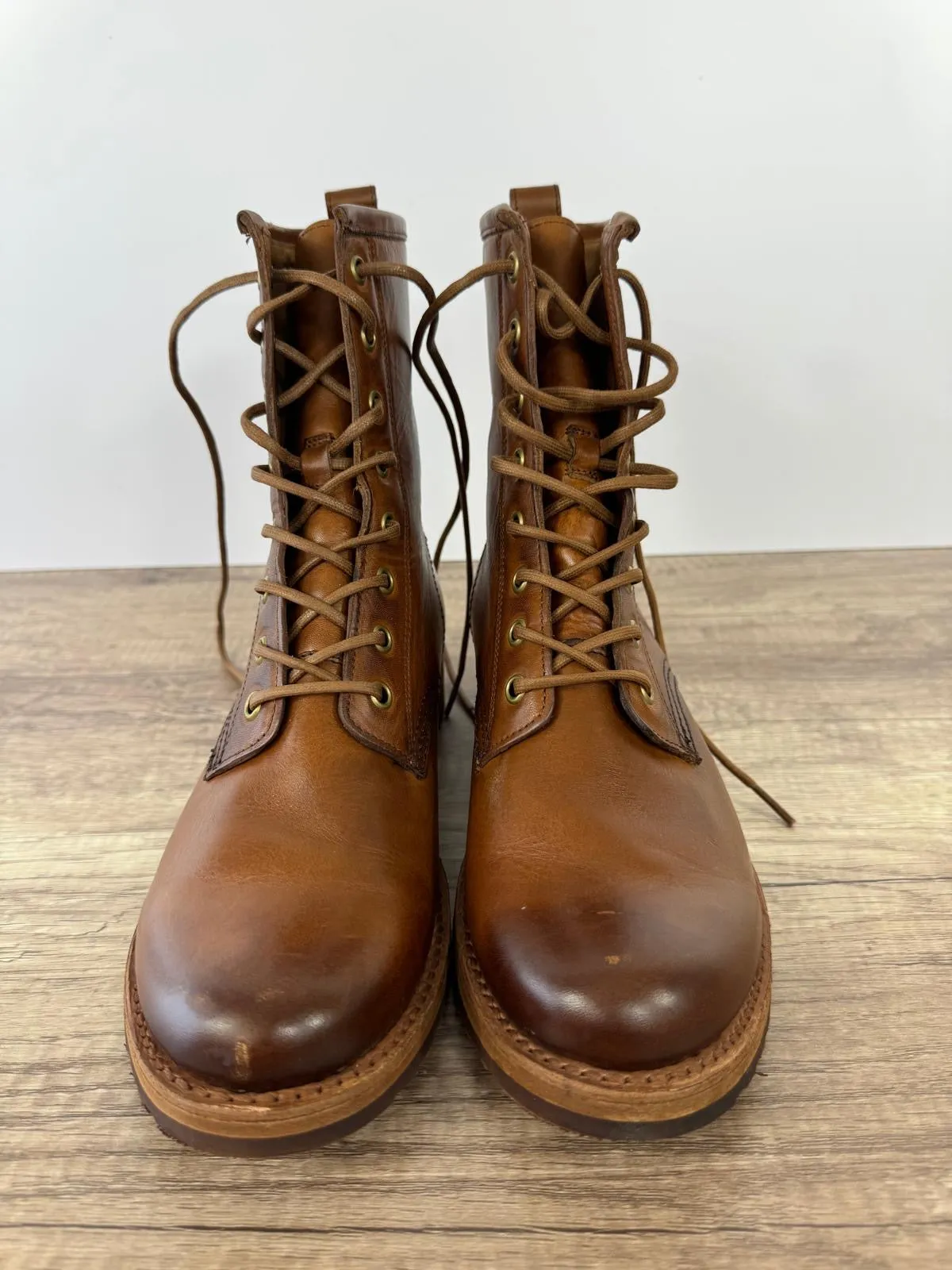 FRYE VERONICA COMBAT LEATHER BOOTS IN CARAMEL